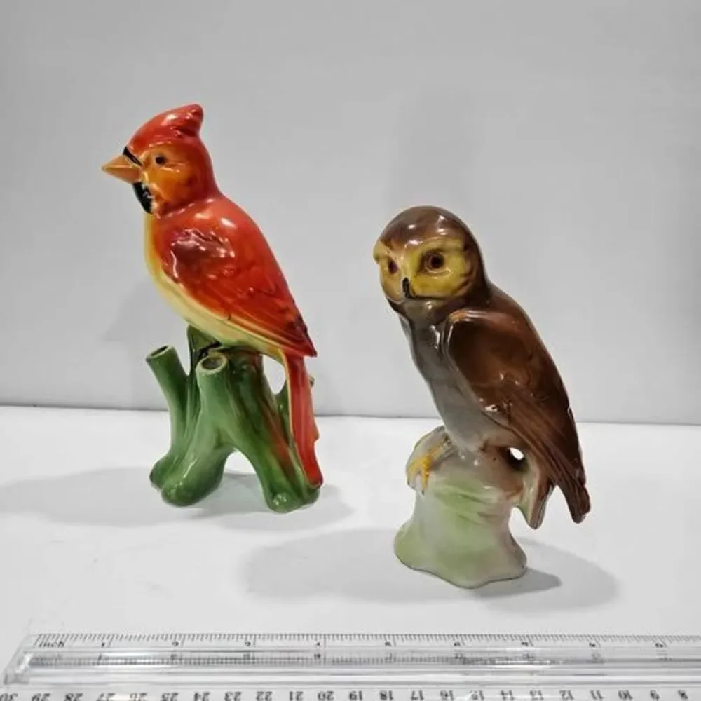 German Vintage Ceramic Cardinal and Owl Figurines